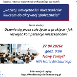 Plakat informacyjny o wydarzeniu edukacyjnym z datą, miejscem i zdjęciem sali konferencyjnej.