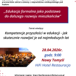 Plakat zapraszający na webinar o edukacji w Nowym Tomyślu, 28 kwietnia 2026.