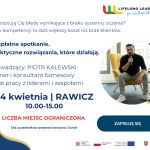 Reklama spotkania biznesowego z trenerem Piotrem Kalewskim, data 24 kwietnia, Rawicz.
