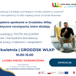 Mężczyzna siedzi na krześle, zaproszenie na bezpłatne spotkanie biznesowe 30 kwietnia.
