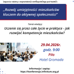 Plakat promujący spotkanie informacyjne z datą, godziną i zdjęciem sali konferencyjnej.