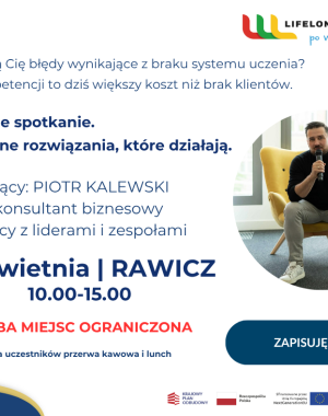 Grafika promująca spotkanie z trenerem Piotrem Kalewskim, data 24 kwietnia, Rawicz.